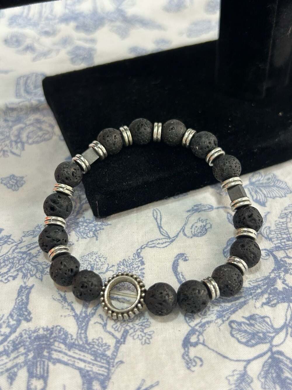 Unbranded Black Lava Stone and Silver Spacer Beaded Stretch Bracelet